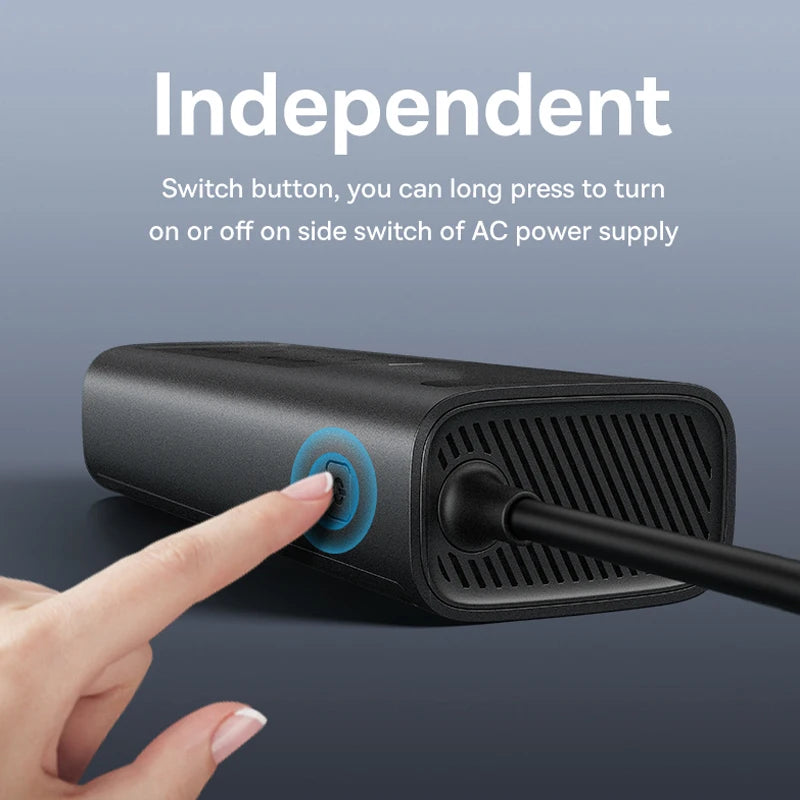 Baseus 150W Car Inverter converts DC 12V to AC 220V/110V, featuring a USB Type-C fast charger and car power adapter.