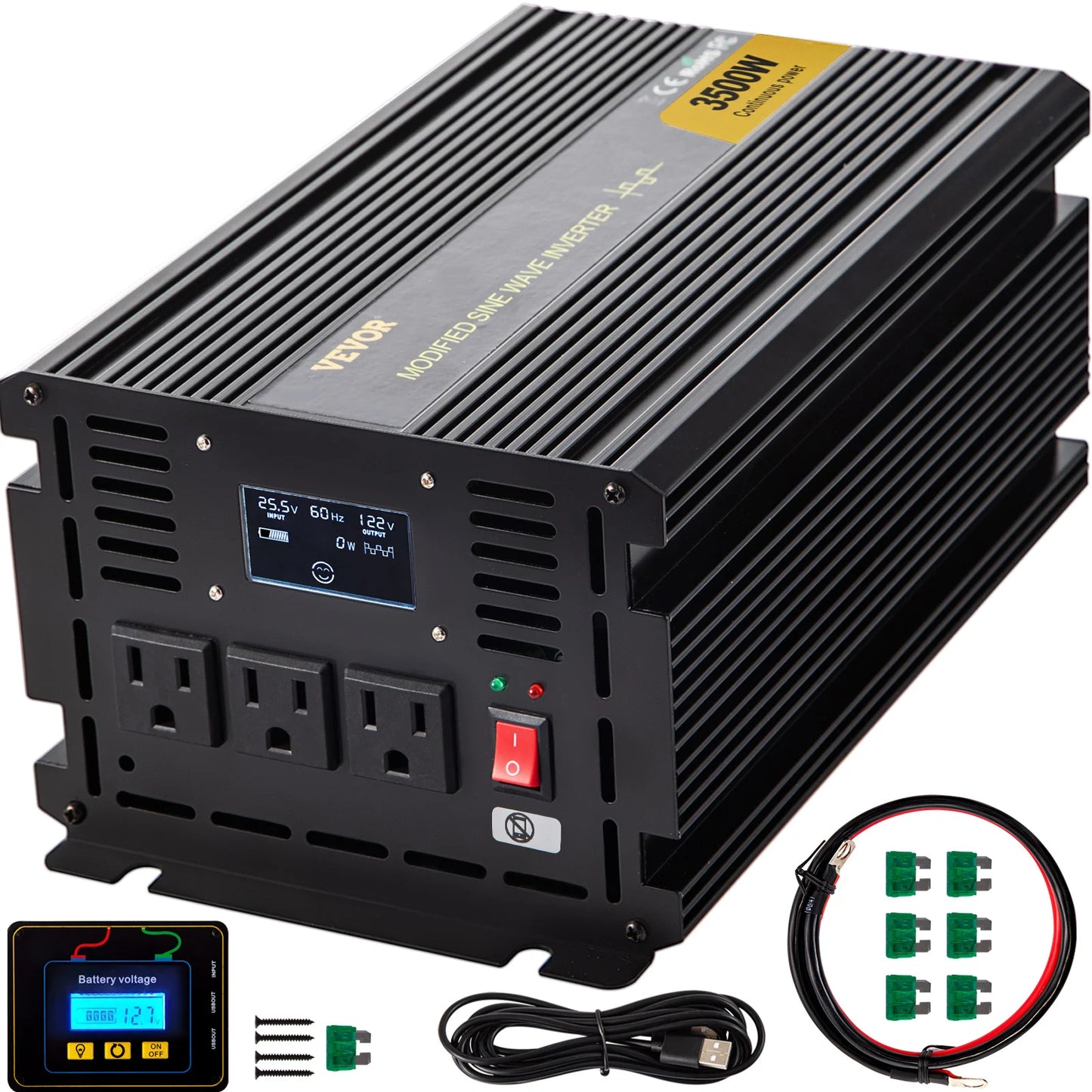 VEVOR Modified Sine Wave Power Inverter 1500W-5000W DC 12/24V to AC 110/120V with LCD Display Remote Controller for Camping Use
