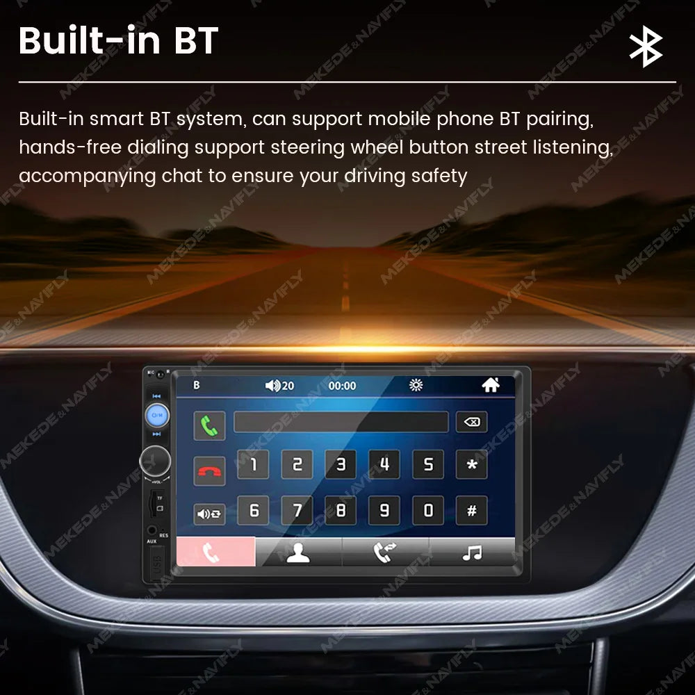 Navifly ND1 car radio features a 7-inch HD screen, multimedia player, and Bluetooth with hands-free support for safe driving.
