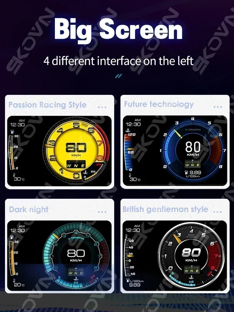 A car head-up display with OBD2, GPS, and various sensors for monitoring vehicle conditions.