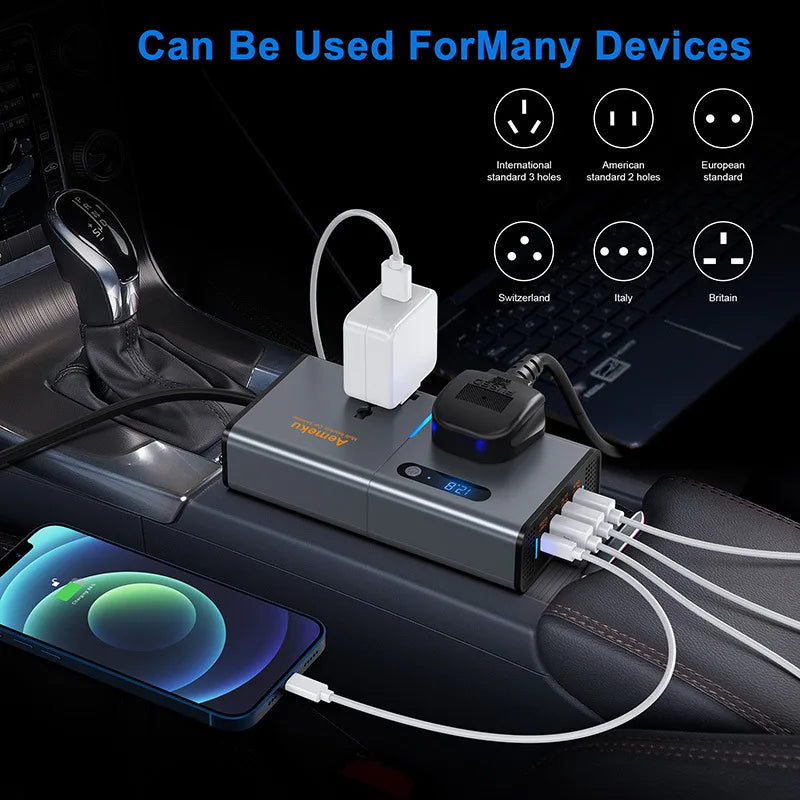 Car Inverter DC 12V converts power for multiple devices.
