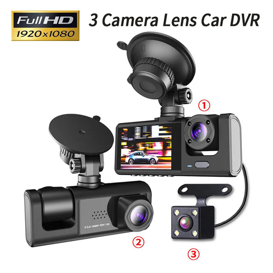 3 Channel Car DVR, A three-channel car DVR records high-definition 1080p video from inside the vehicle.