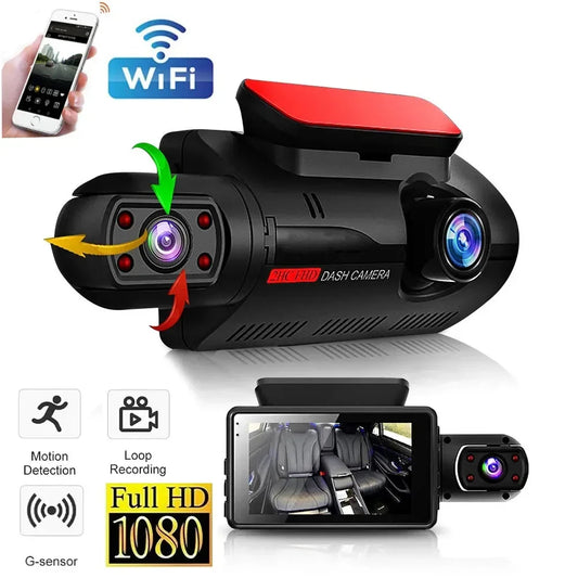Dash cam records dual angles, captures HD 1080p footage, and features WiFi connectivity, night vision, impact detection, and continuous coverage.