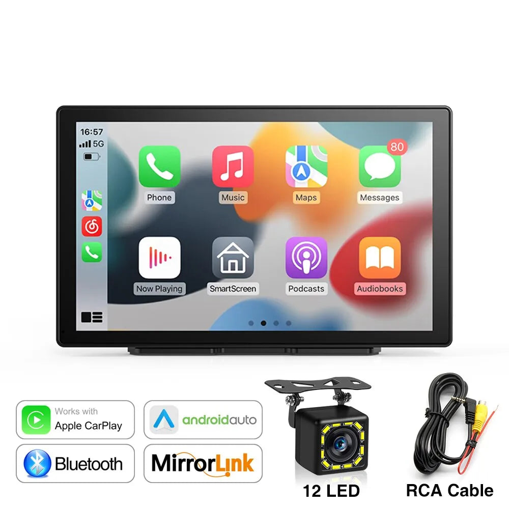 Universal 9-inch car radio player with wireless CarPlay and Android Auto support for VW, Nissan, Toyota cars.