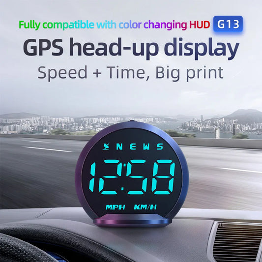A digital GPS speedometer for cars with a head-up display that shows speed, time, and large numbers in MPH or KM/H.