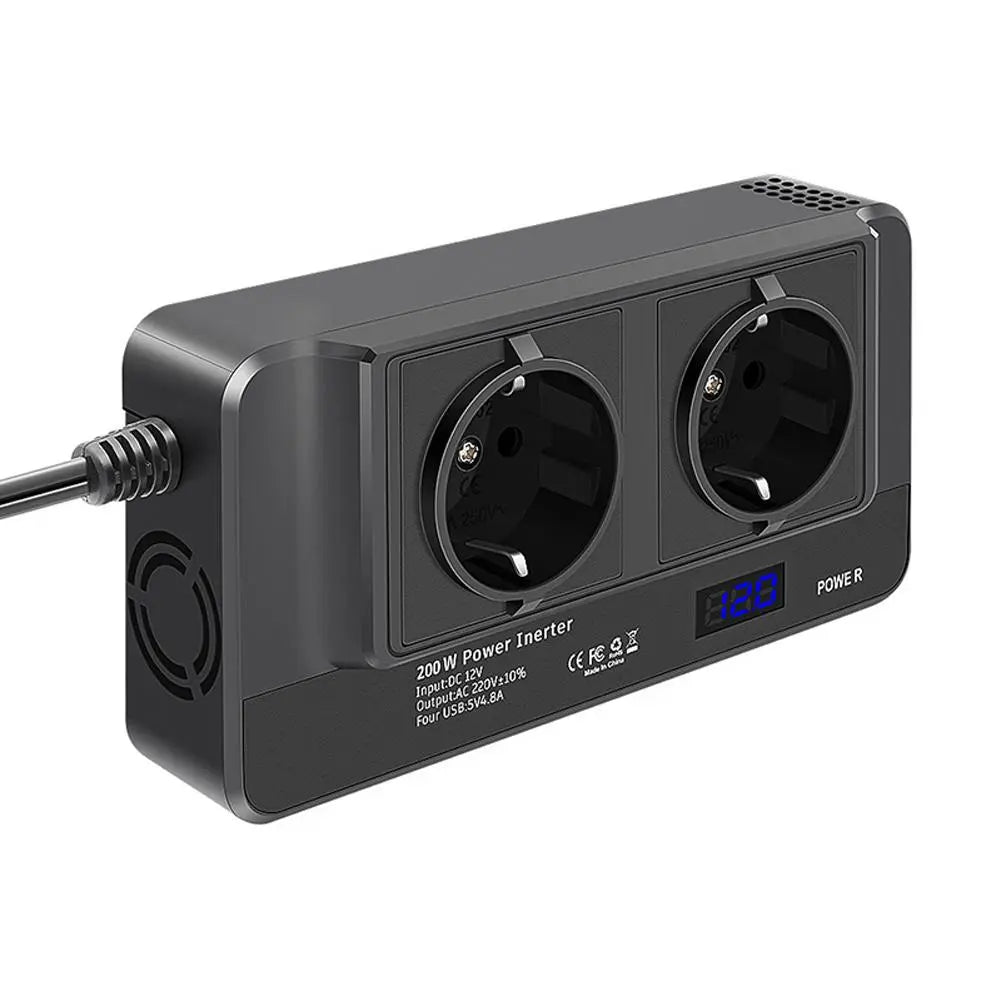 Car Inverter 200W converts 12V to 220V with smart LED display, suitable for car, home, or office use.