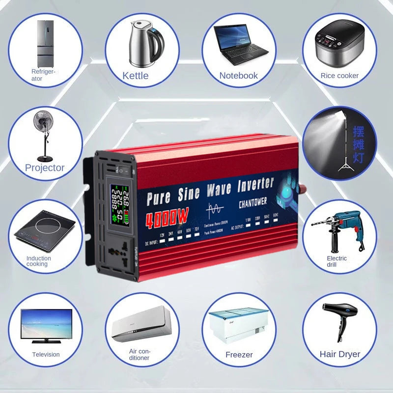 Pure Sine Wave Inverter converts DC power to AC power for various devices with pure sine wave tech and output powers from 2000W to 5000W.