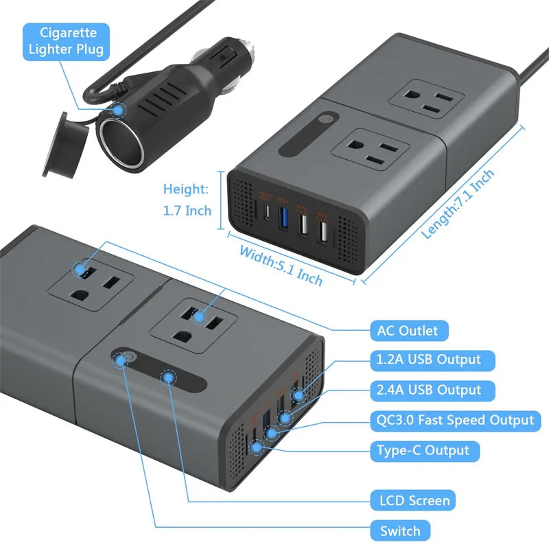 New Car Power Inverter, New car power inverter converts DC 12V to AC 220V with 200W output and features AC outlet and two USB ports for fast charging.