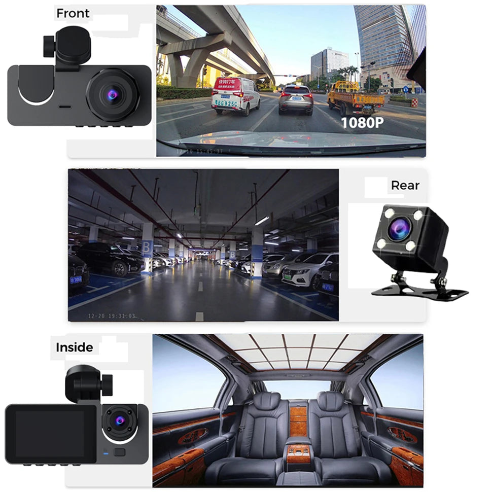 3 Channel Car DVR, A three-channel car dash cam captures FHD 1080P video and audio, designed for driving safety and accident recording.