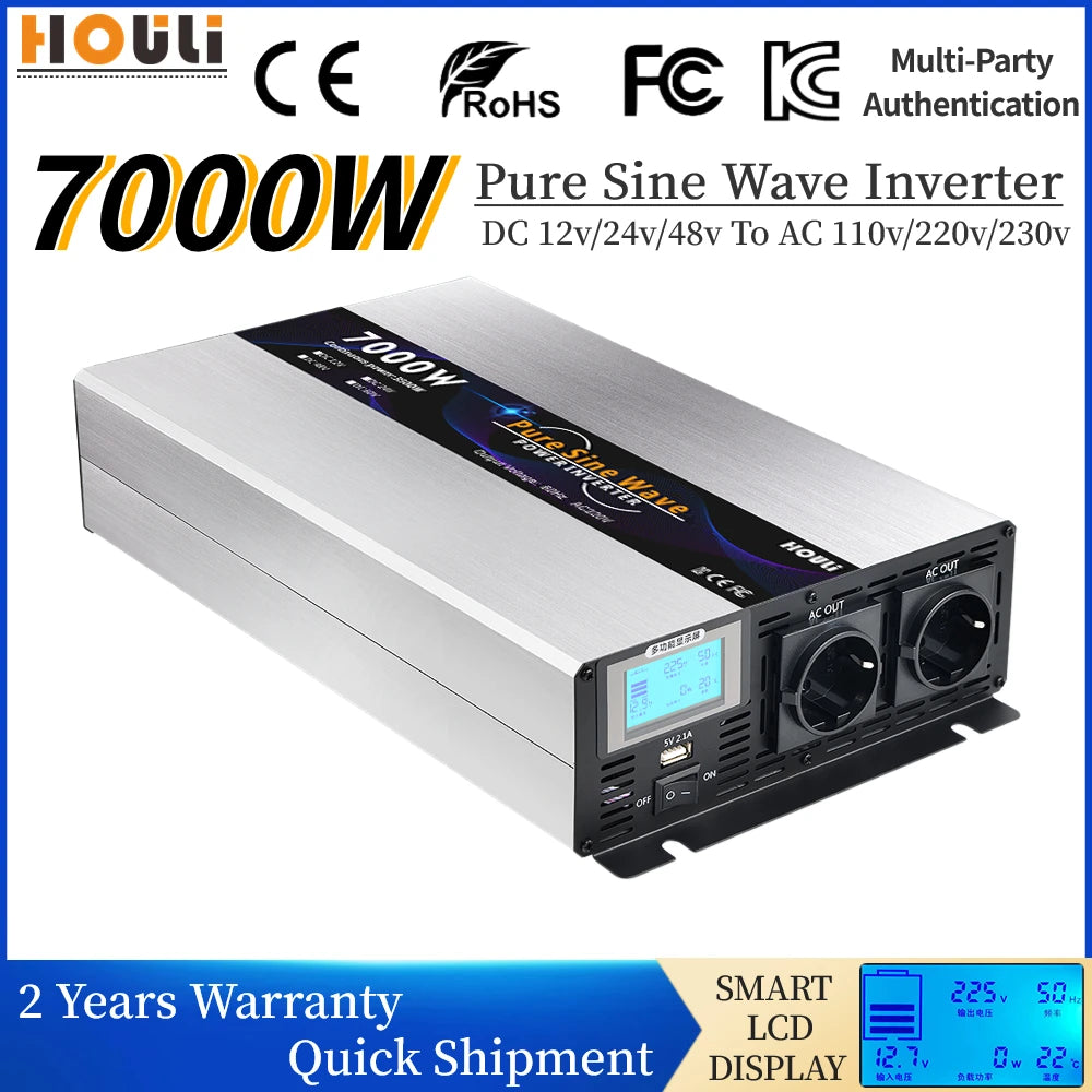Pure Sinus Wave Inverter converts DC power to AC output, suitable for various applications, with high power rating and safety features.