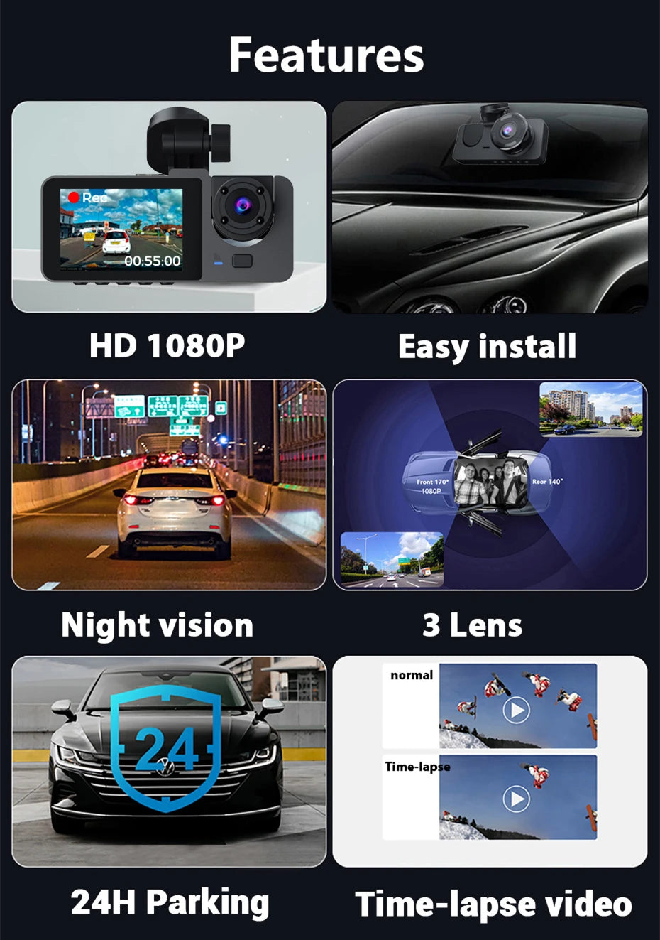 3 Channel Car DVR, The dash cam has 3 channels, 1080p resolution, easy installation, and night vision.