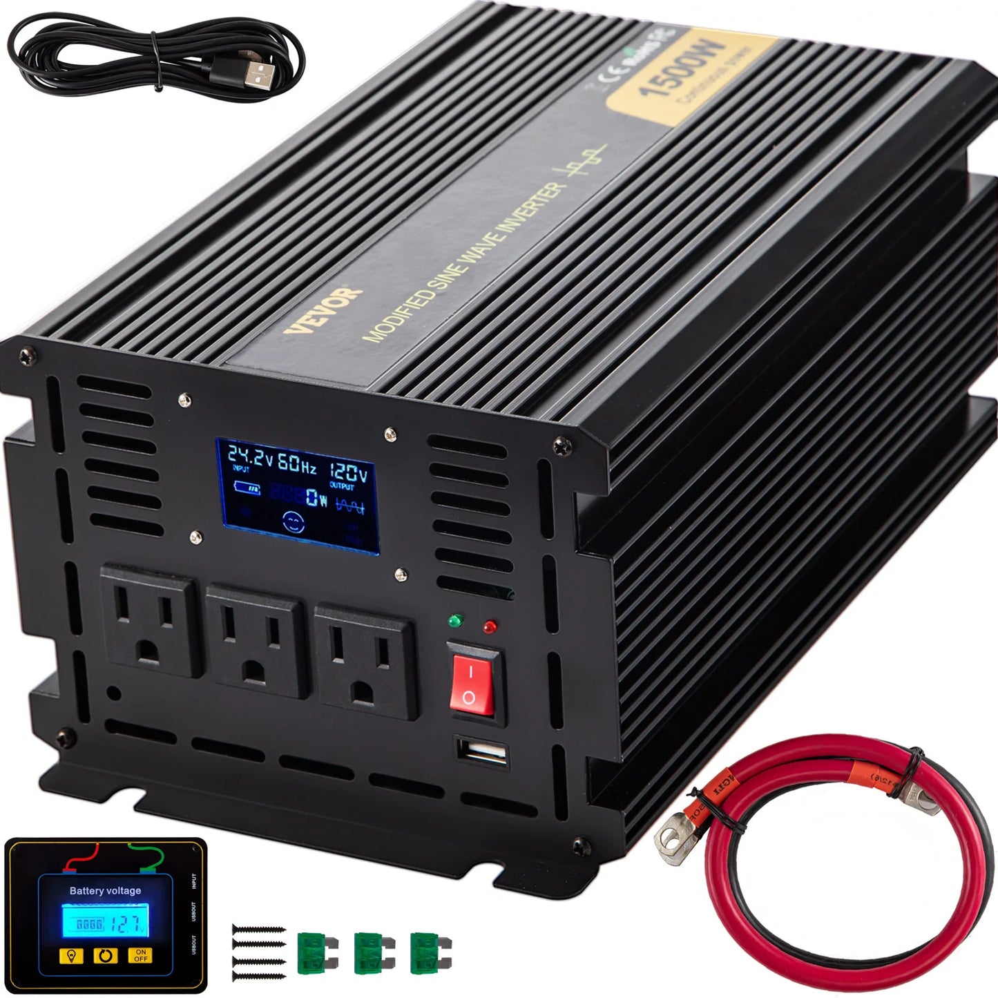 VEVOR Modified Sine Wave Power Inverter 1500W-5000W DC 12/24V to AC 110/120V with LCD Display Remote Controller for Camping Use