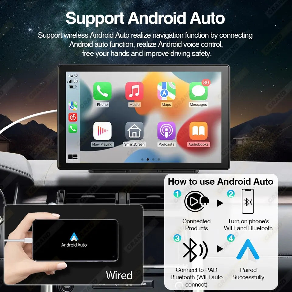 This car radio supports VW, Nissan, Toyota, and other cars, featuring a 9-inch touch screen and Android Auto/CarPlay for navigation, voice control, and hands-free driving.