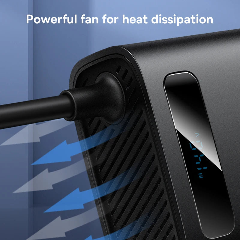Baseus 150W Car Inverter, Baseus 150W car inverter converts DC 12V to AC 220V/110V with auto power and USB-C charging.