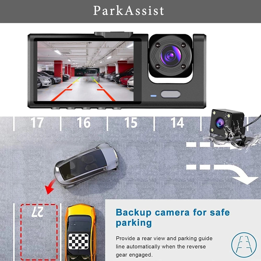 3 Channel Car DVR, A three-channel car DVR with HD 1080p video and three lenses for simultaneous recording from multiple angles.