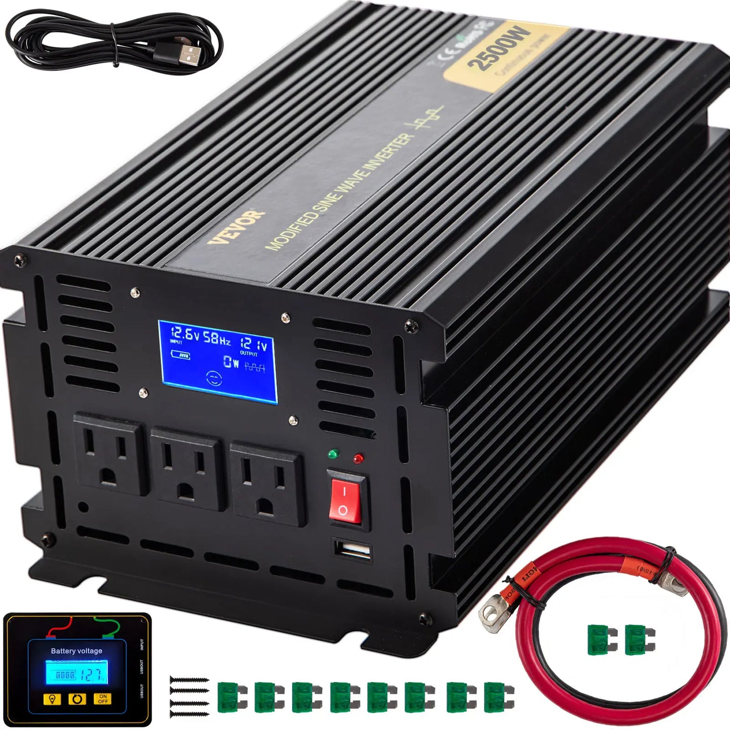 VEVOR Modified Sine Wave Power Inverter 1500W-5000W DC 12/24V to AC 110/120V with LCD Display Remote Controller for Camping Use