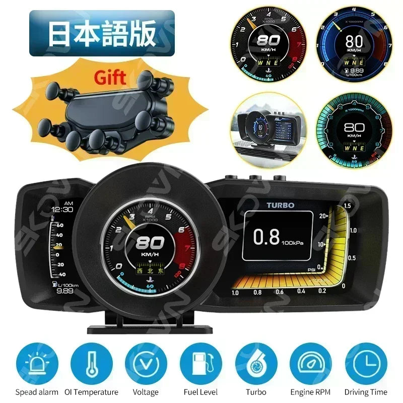Dual Screen Car Head Up Display OBD2 GPS Auto Display Smart Car HUD On-Board Computer Gauge Security Alarm Water&Oil Temp. RPM