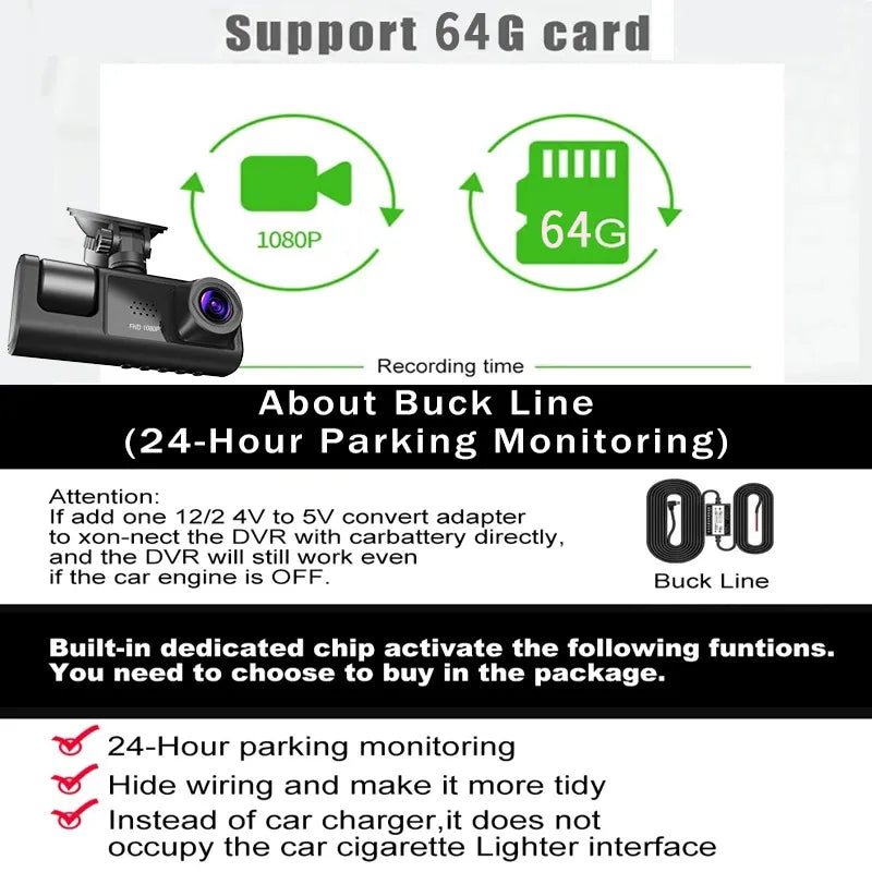 3 Channel Car DVR, The product supports up to 64GB cards and offers 24 hours of recording, compatible with 12V/2A adapters and doesn't use the cigarette lighter.