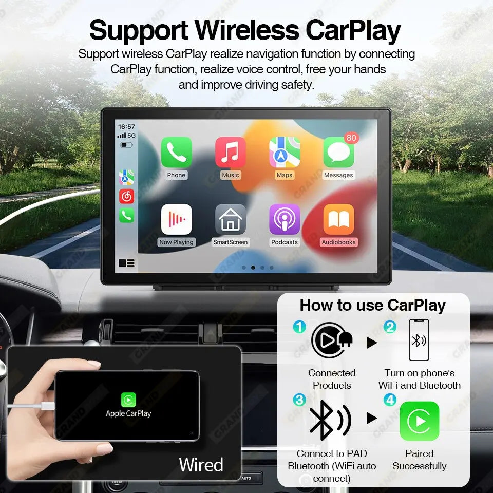 Universal car radio player supports wireless CarPlay for navigation and hands-free use, featuring voice control and key functions like music playback.