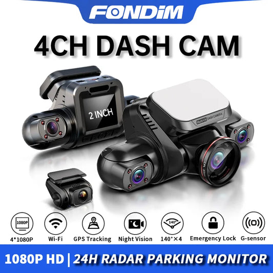 FONDIM Mini Hidden Car Dash Cam M8S 4CH DVR, A mini dash cam with 4-channel DVR, 360-degree view, night vision, GPS, WiFi, and 256GB storage for parking monitor video recording.