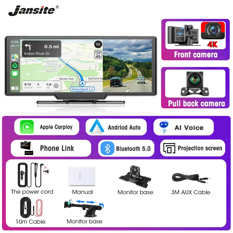 Dash cam with WiFi, CarPlay/Android Auto, 4K recording, GPS navigation, and 24-hour parking mode for safe driving.