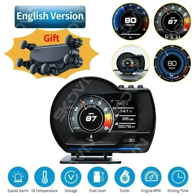 Car head-up display features gauge displays for temperature, RPM, and security alarm, as well as GPS navigation and vehicle performance monitoring.