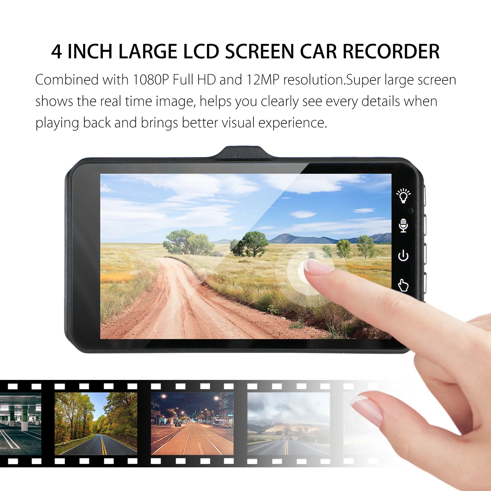 Dash Cam Front and Rear Camera CAR DVR, The Dash Cam has a 4-inch LCD screen, recording in 1080P Full HD and 12MP resolution with night vision capabilities.