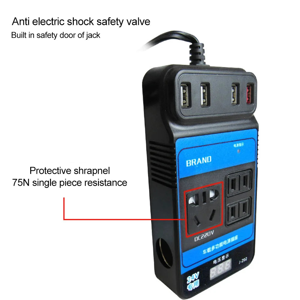 Car Power Inverter, Car power inverter converts DC 12V/24V to DC 220V, with 4 USB ports and a digital display.