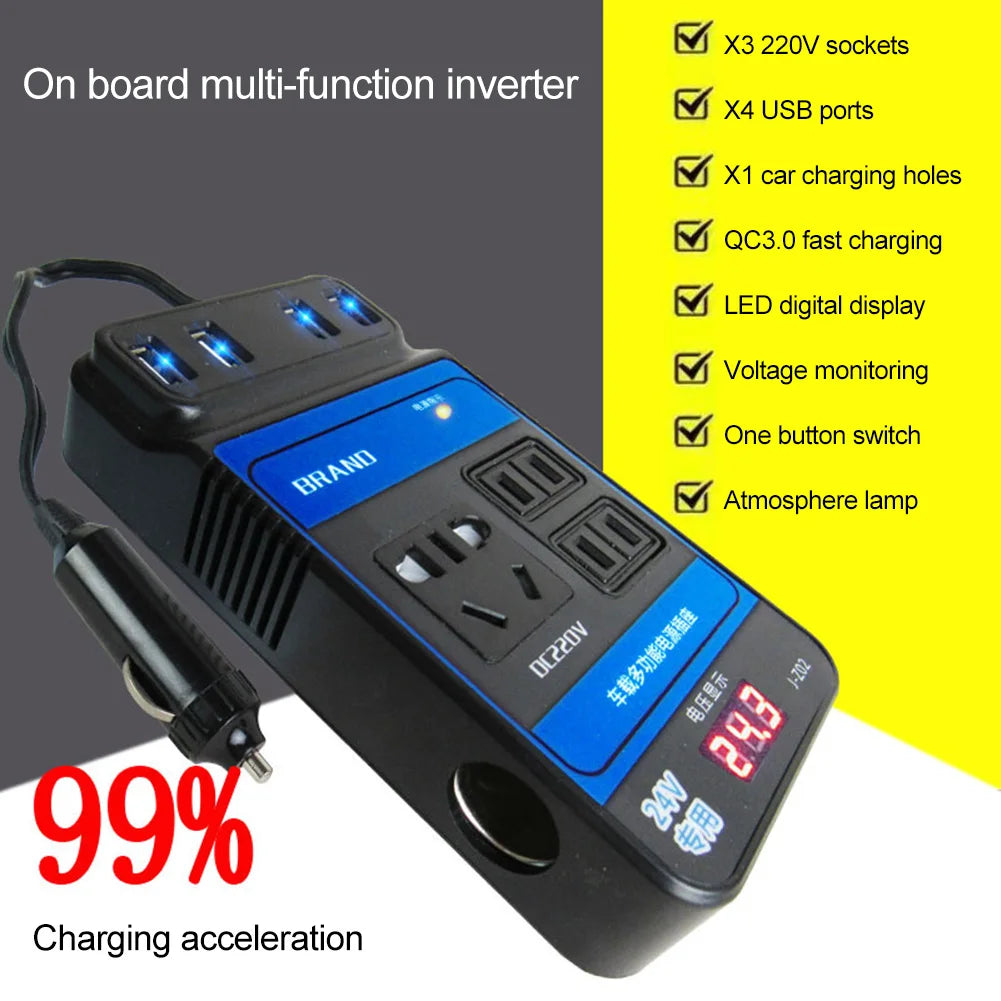 Car Power Inverter, Car power inverter converts DC to AC, suitable for cars, RVs, or boats, with 4 USB ports and LED display.
