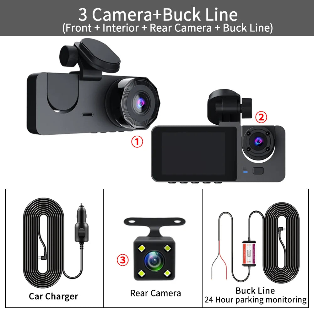 3 Channel Car DVR, A car DVR with full HD 1080P resolution, featuring three cameras for parking and driving event monitoring.
