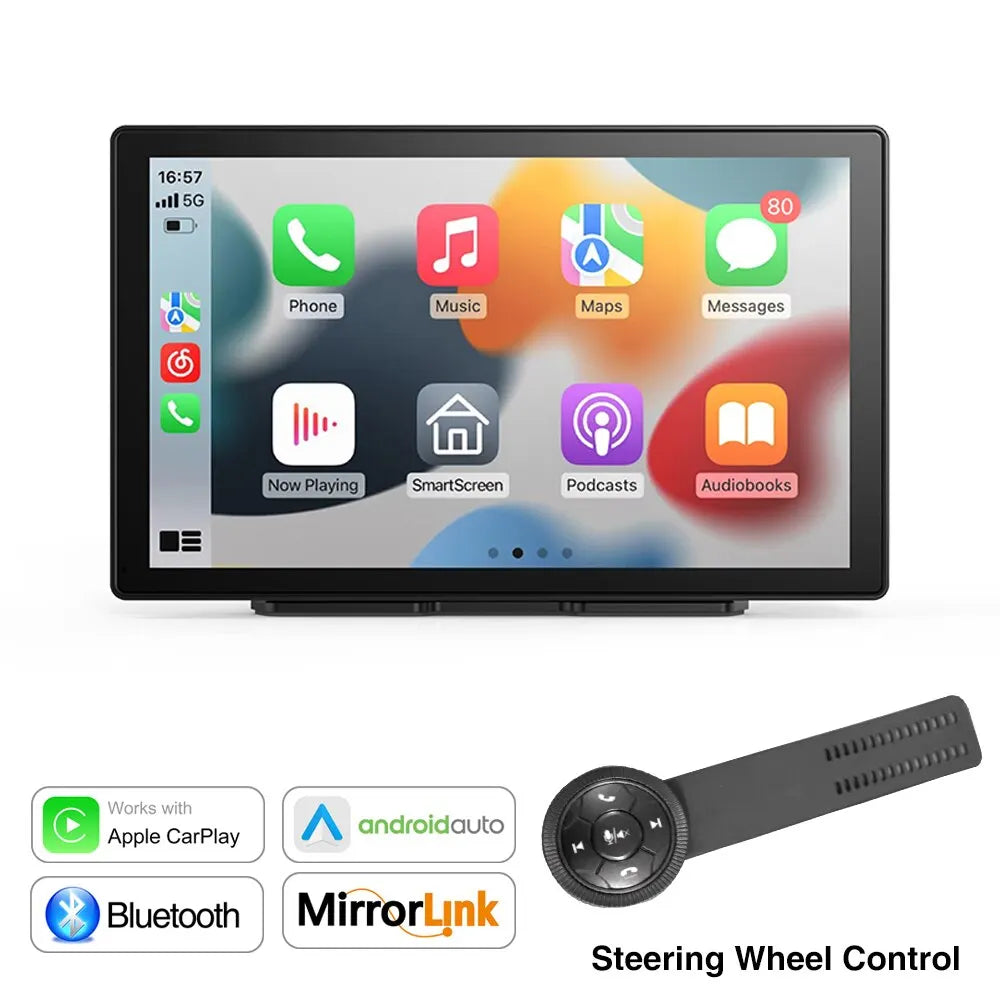 A universal car radio plays videos, has touchscreen, supports CarPlay and Android Auto, compatible with VW, Nissan, and Toyota cars.