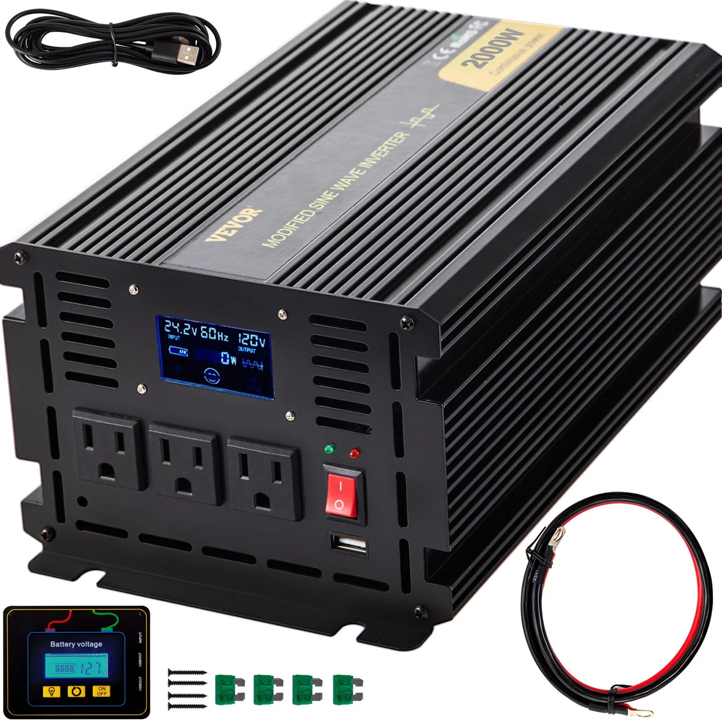 VEVOR Modified Sine Wave Power Inverter 1500W-5000W DC 12/24V to AC 110/120V with LCD Display Remote Controller for Camping Use