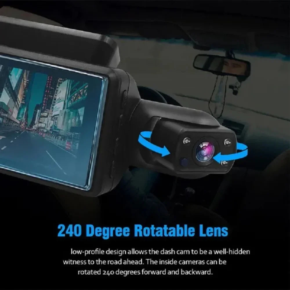 The dual lens dash cam features a discreet design, rotatable lens, HD 1080P, night vision, and loop recording for continuous video capture.