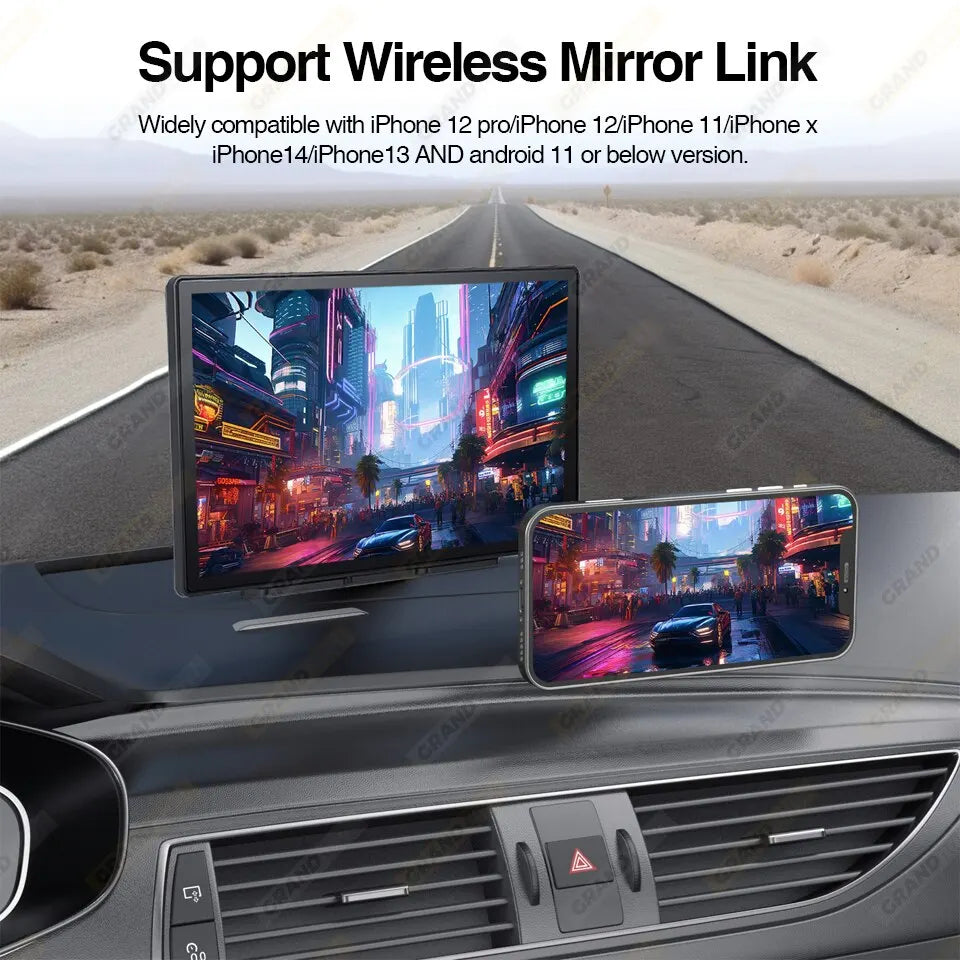 Universal car radio with multimedia video player for VW, Nissan, Toyota, etc., supporting wireless mirror link, iPhone and Android devices.