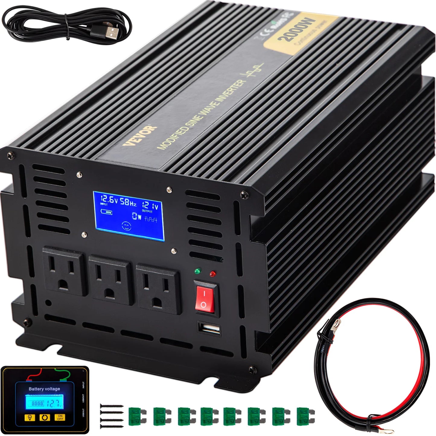 VEVOR Modified Sine Wave Power Inverter 1500W-5000W DC 12/24V to AC 110/120V with LCD Display Remote Controller for Camping Use