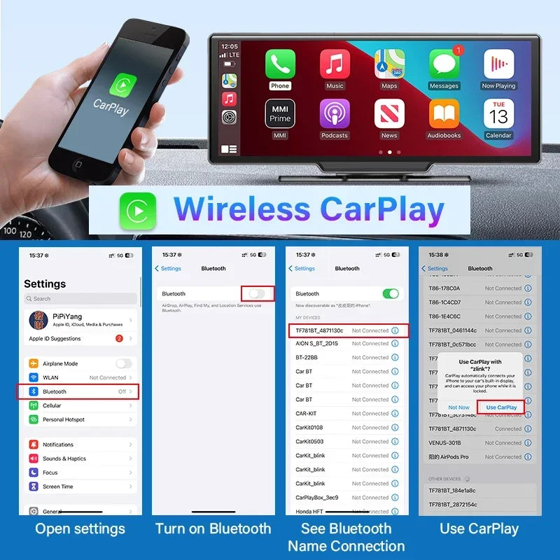 A rearview dash cam with Wi-Fi, Carplay/Android Auto, 4K DVR, GPS navigation, and aux input.