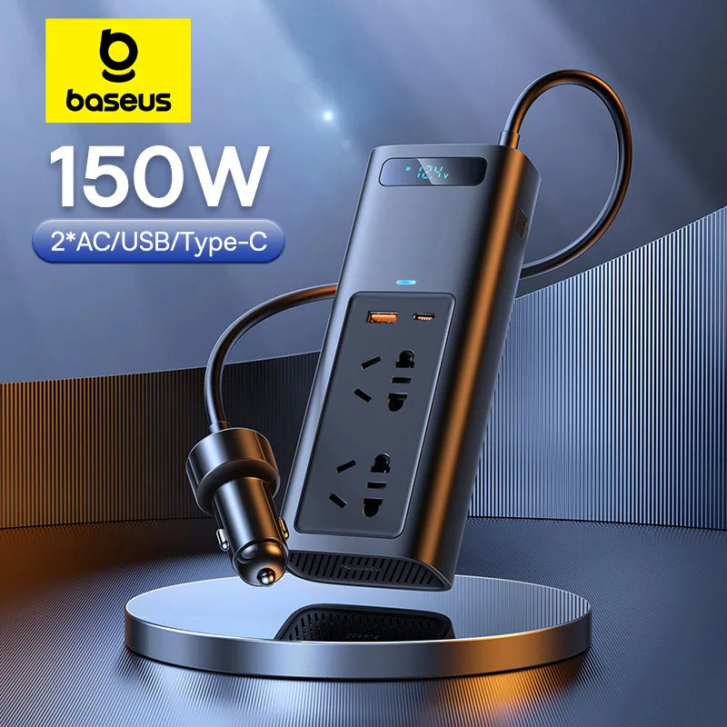 Baseus 150W Car Inverter DC 12V to AC 220V 110V Auto Power Inversor USB Type C Fast Charger For Car Power Adapter