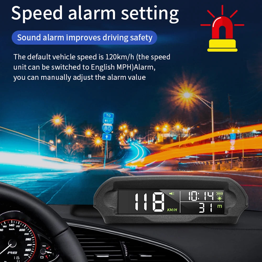 Solar Digital Car HUD, This solar-powered car head-up display features GPS, speedometer, and reminders for over-speeding and fatigue, with adjustable alarms.