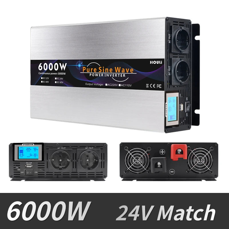 Pure sine wave inverter converts DC to AC power with outputs up to 7kW.