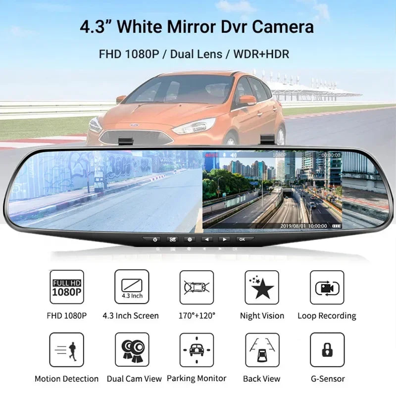 4.3 Inch Driving Recorder Car DVR, A car recorder with dual lenses, capturing 1080P video with front and rear cameras, and featuring loop recording, motion detection, and parking monitor.