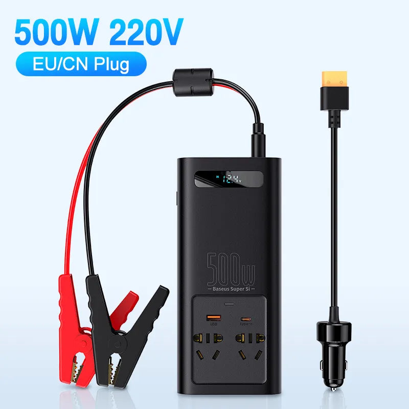 The Baseus 500W Pure Sine Wave Inverter converts 12V to 220V or 110V, suitable for Europe and US campers.