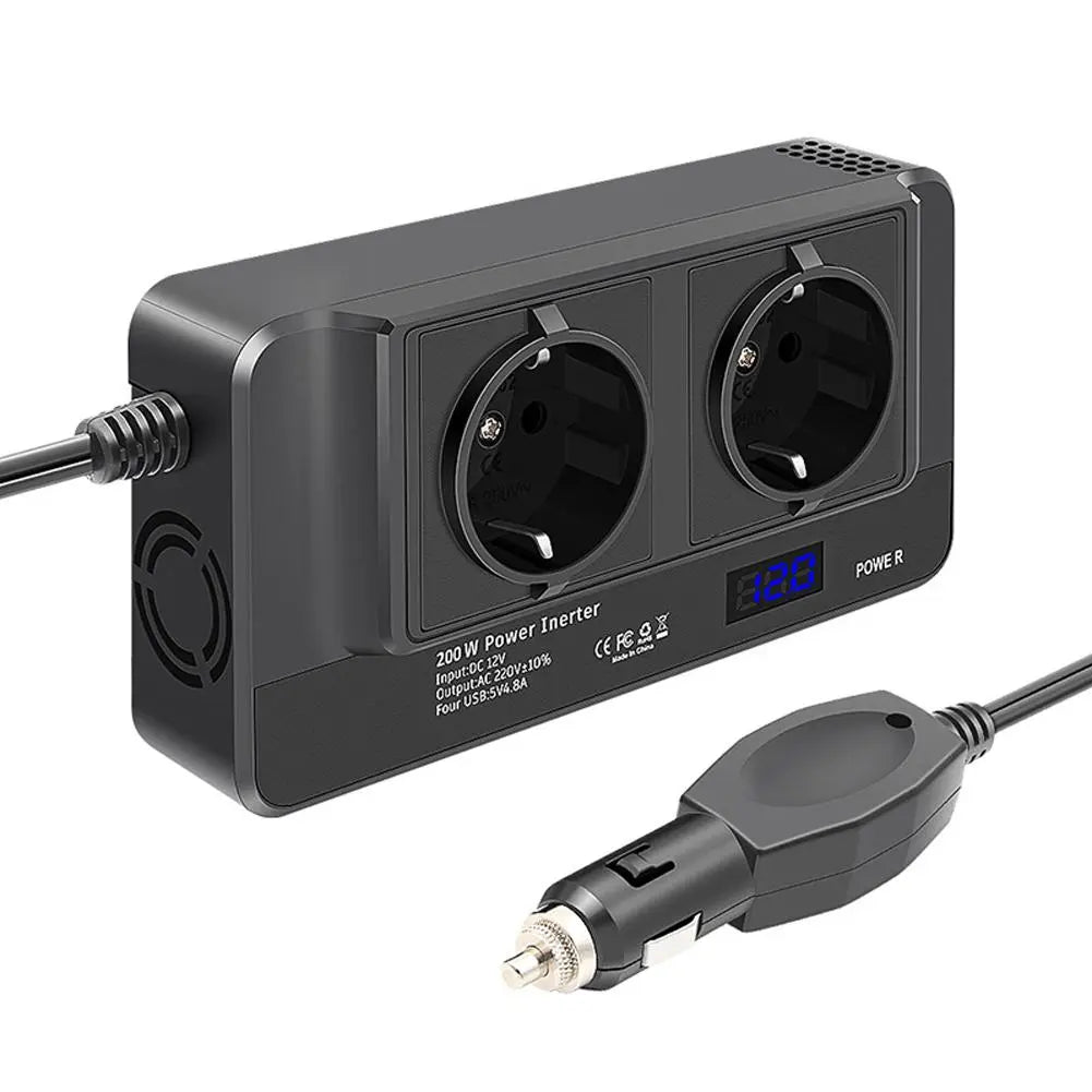 Car Inverter, A 200W car inverter that converts 12V DC to 220V AC, featuring a smart real-time LED digital display and an EU plug socket.
