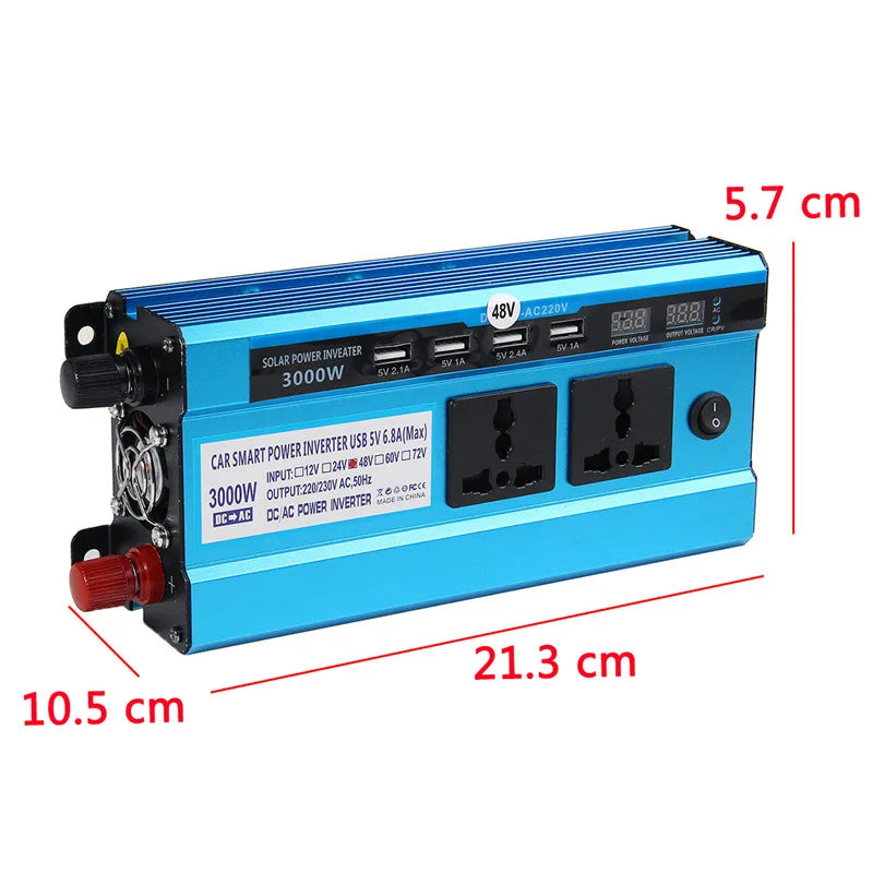 3000W Car Inverter, A car inverter converts DC power from 12V, 24V, or 48V to AC 220V with LCD display and 4 USB ports.