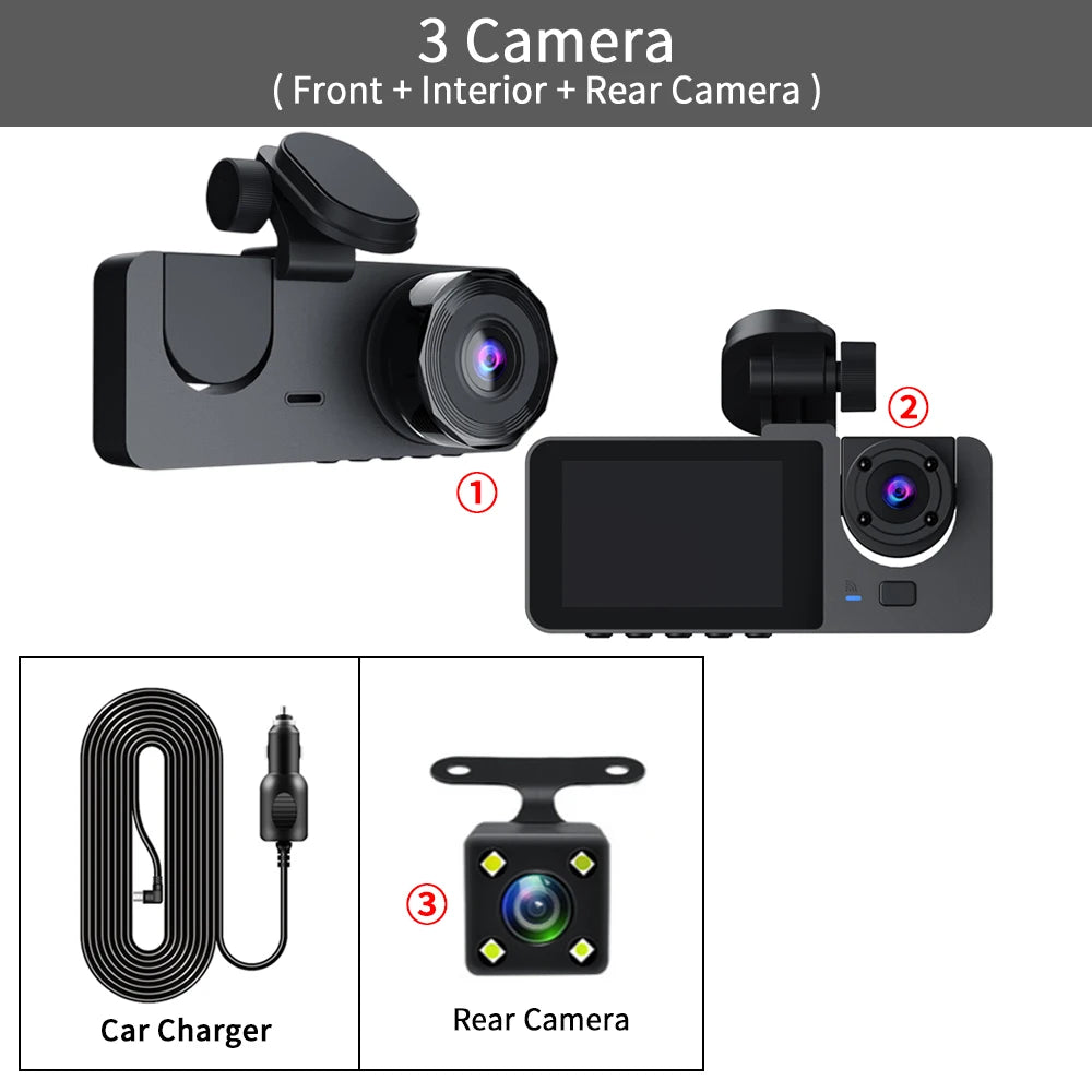 3 Channel Car DVR, Car DVR with FHD 1080P resolution, featuring three-lens design for inside vehicle recording.