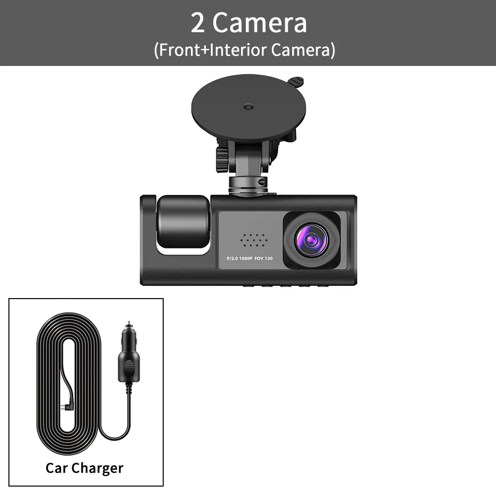 3 Channel Car DVR, Product description of a car dashboard camera recording system with three lenses and high-definition video quality.