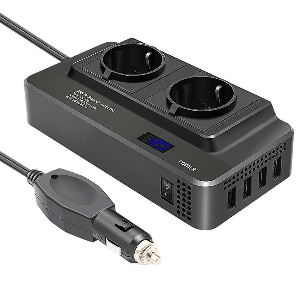 Car Inverter for 200W devices, converts 12V to 220V with smart display and EU plug.