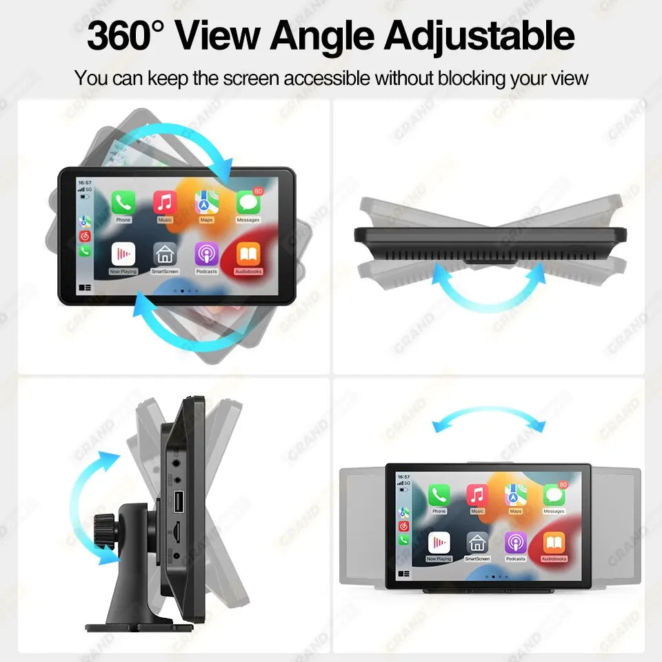 Universal car radio with 9-inch touch screen for VW, Nissan, and Toyota vehicles, featuring multimedia playback, CarPlay connectivity, and adjustable view.