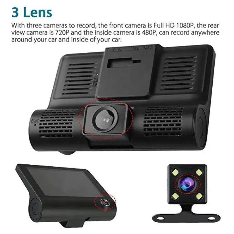 This Car DVR records with three cameras: Full HD 1080p, 720p, and 480p, capturing video inside and outside vehicles.