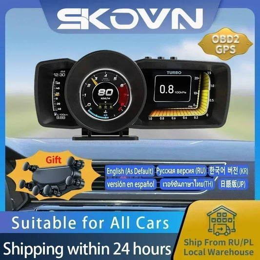 A car head-up display with features like GPS, security alarm, temperature, and RPM monitoring.