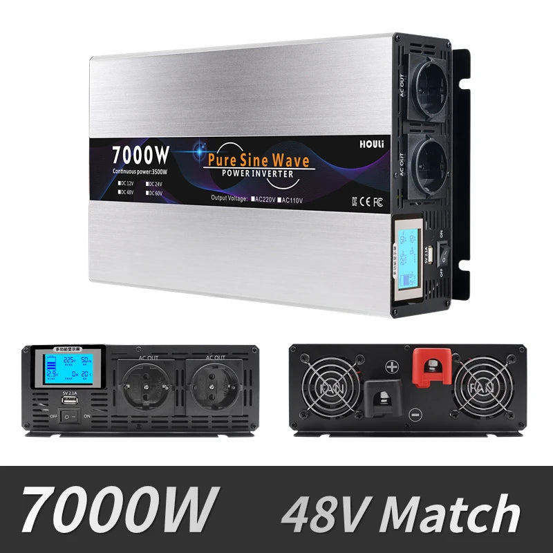 A portable power bank converter that converts DC voltage to AC 220V/230V with powers of 3000W, 5000W, or 7000W.